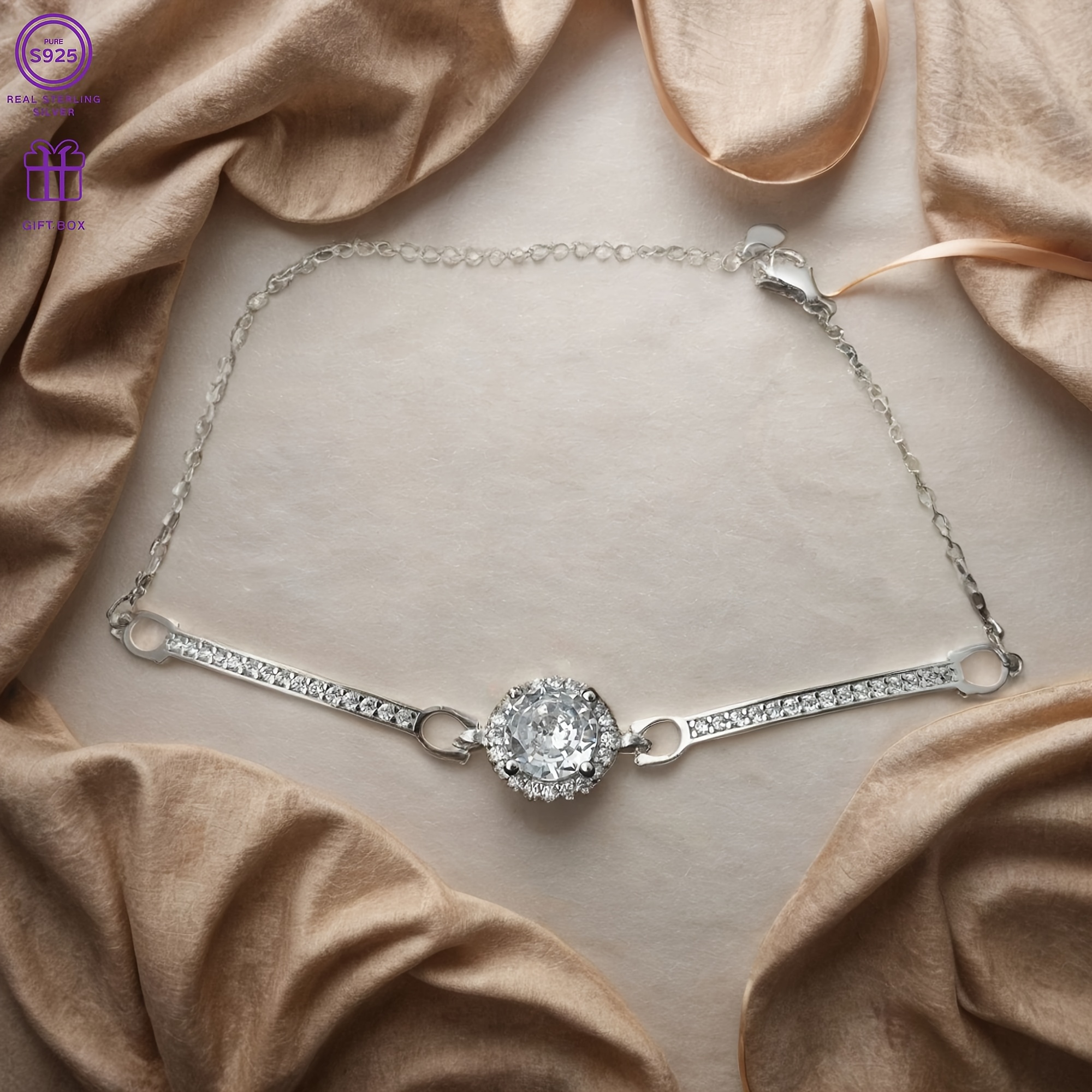 S925 Silver Sun Bracelet with Clear Zirconia Charm
